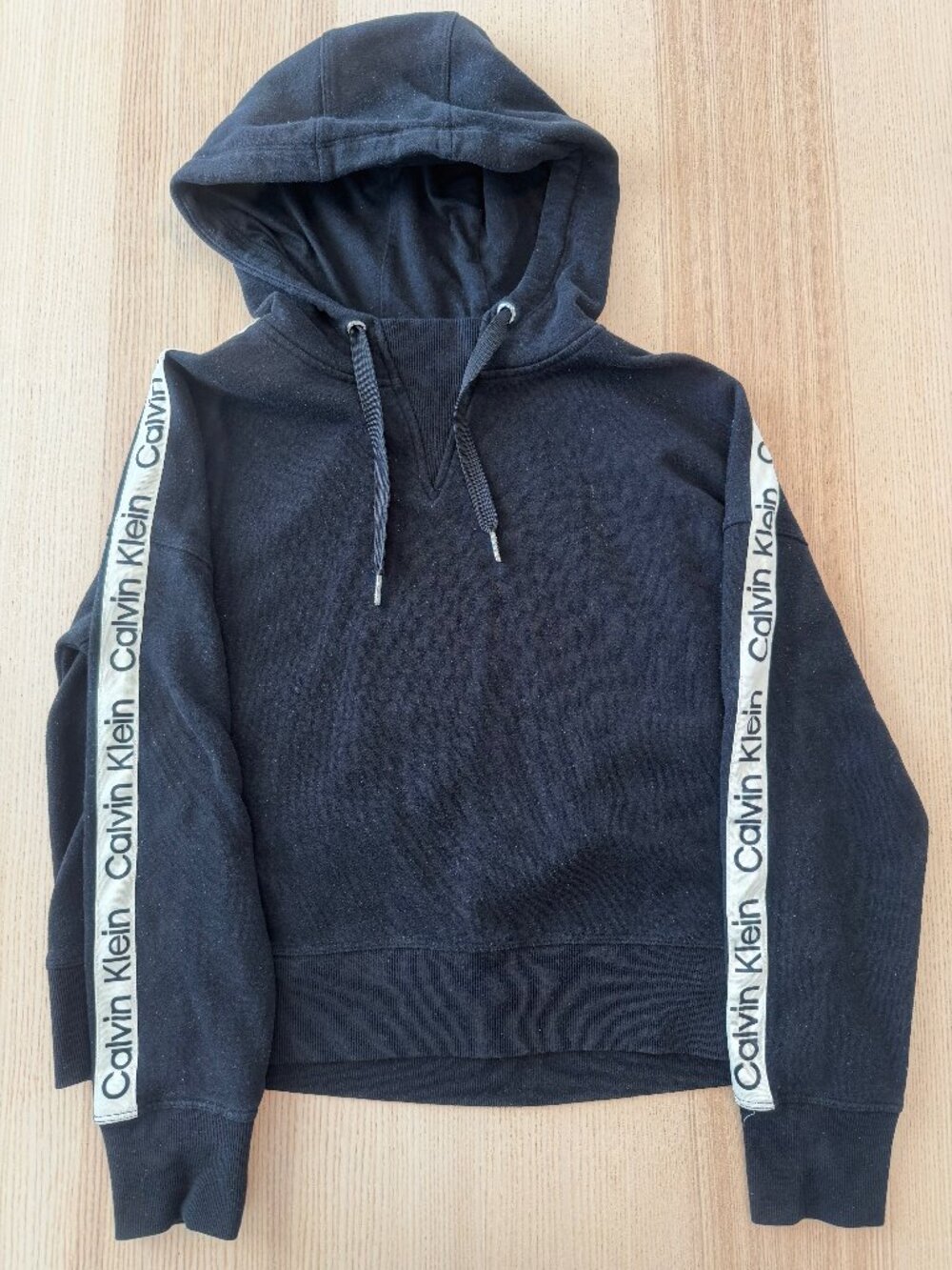 Calvin Klein Black Logo Tape Sleeve Pullover Hoodie Size M - Picture 2 of 3